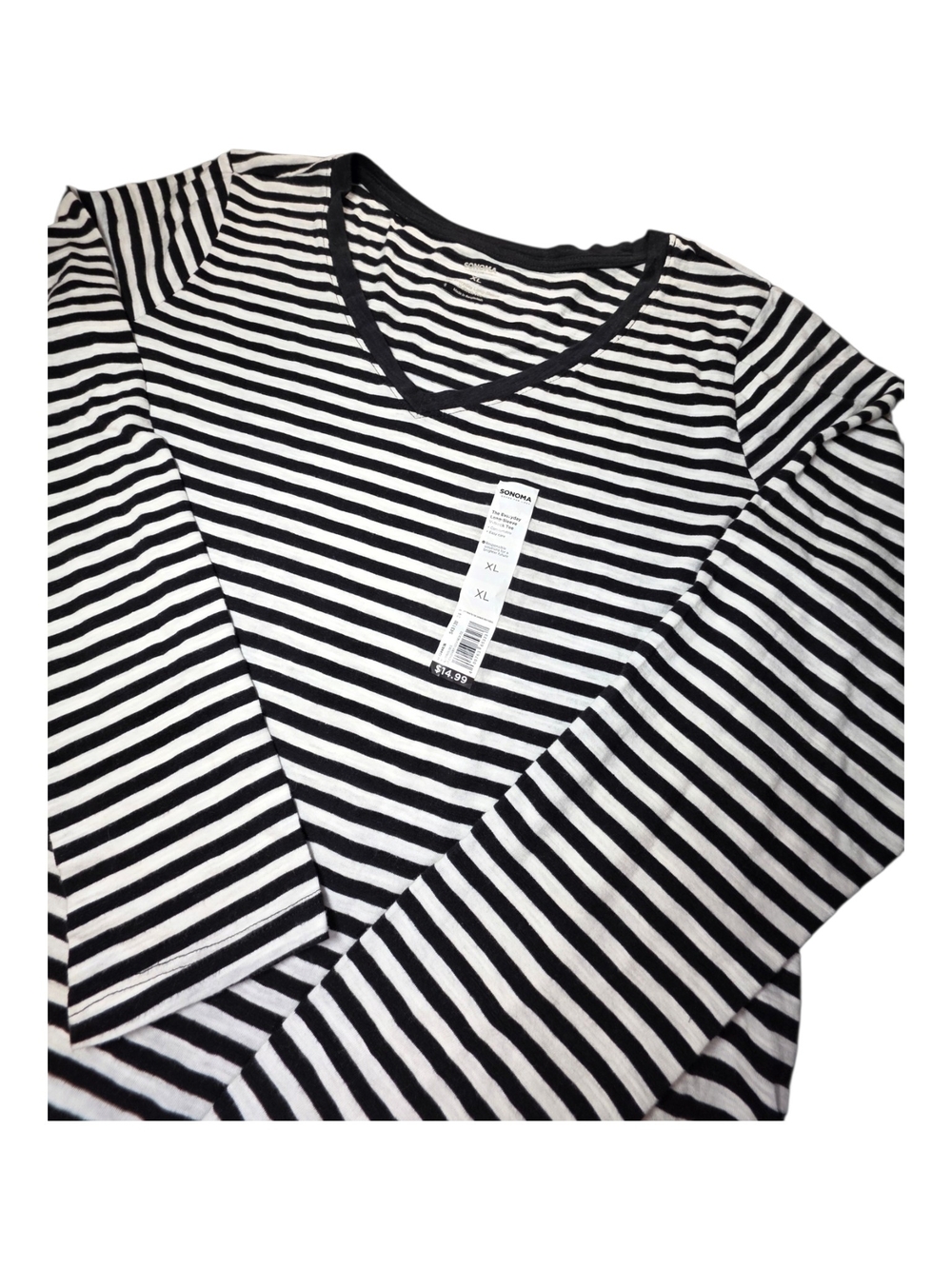 NWT Sonoma Goods For Life Striped V-Neck Long Sleeve T-Shirt Top Black White XL